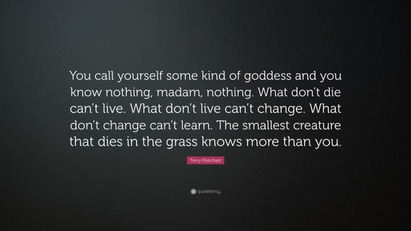 Terry Pratchett Quote: “You call yourself some kind of goddess and you know nothing, madam, nothing. What don’t die can’t live. What don’t live can’t change. What don’t change can’t learn. The smallest creature that dies in the grass knows more than you.”