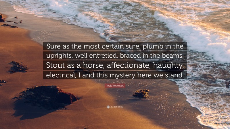 Walt Whitman Quote: “Sure as the most certain sure, plumb in the uprights, well entretied, braced in the beams, Stout as a horse, affectionate, haughty, electrical, I and this mystery here we stand.”