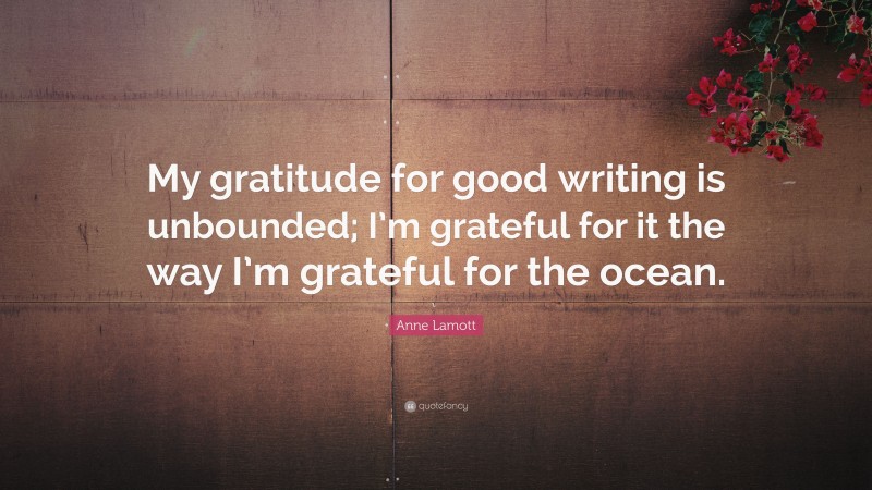 Anne Lamott Quote: “My gratitude for good writing is unbounded; I’m grateful for it the way I’m grateful for the ocean.”