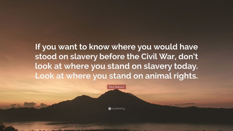 Paul Watson Quote: “If you want to know where you would have stood on slavery before the Civil War, don’t look at where you stand on slavery today. Look at where you stand on animal rights.”