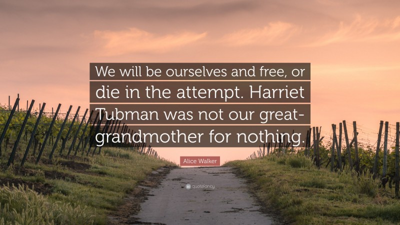 Alice Walker Quote: “We will be ourselves and free, or die in the attempt. Harriet Tubman was not our great-grandmother for nothing.”