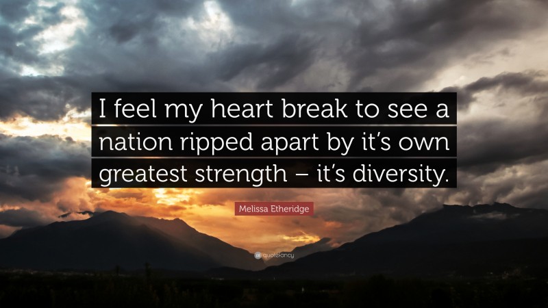 Melissa Etheridge Quote: “I feel my heart break to see a nation ripped apart by it’s own greatest strength – it’s diversity.”