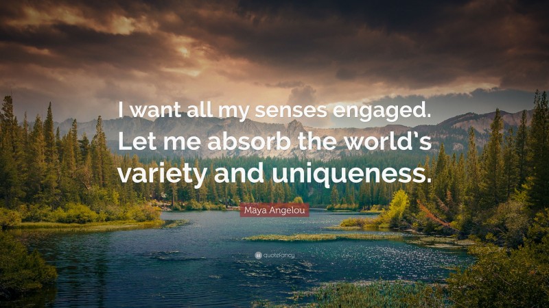 Maya Angelou Quote: “I want all my senses engaged. Let me absorb the world’s variety and uniqueness.”