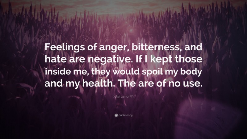 Dalai Lama XIV Quote: “Feelings of anger, bitterness, and hate are negative. If I kept those inside me, they would spoil my body and my health. The are of no use.”