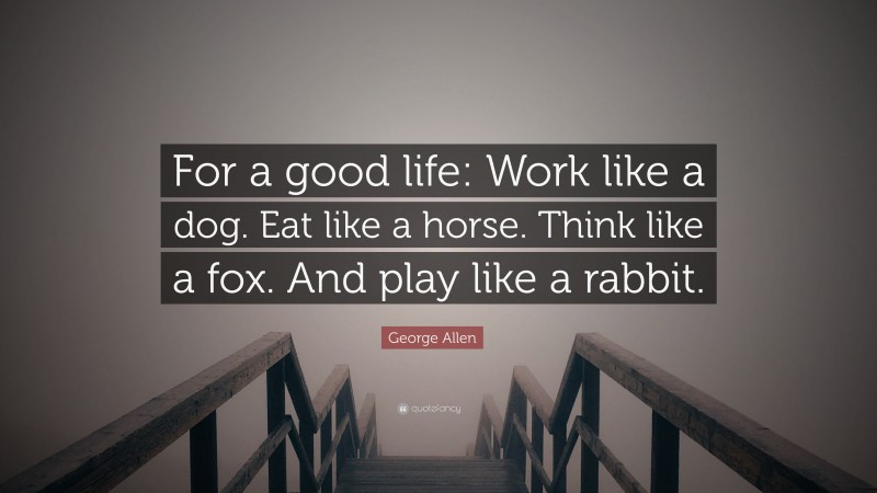 George Allen Quote: “For a good life: Work like a dog. Eat like a horse. Think like a fox. And play like a rabbit.”