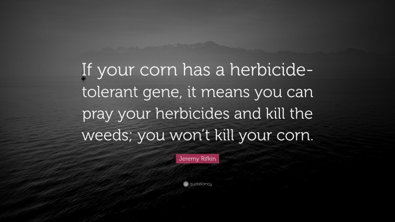 Jeremy Rifkin Quote: “If your corn has a herbicide-tolerant gene, it means you can pray your herbicides and kill the weeds; you won’t kill your corn.”
