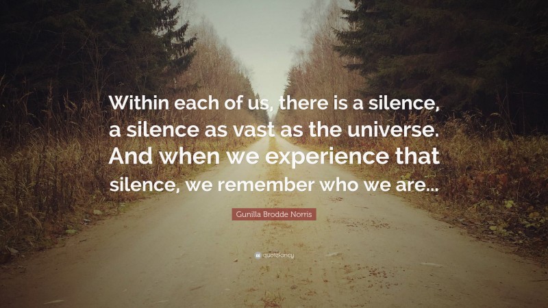 Gunilla Brodde Norris Quote: “Within each of us, there is a silence, a silence as vast as the universe. And when we experience that silence, we remember who we are...”