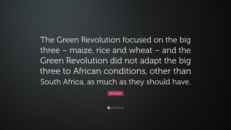Bill Gates Quote: “The Green Revolution focused on the big three – maize, rice and wheat – and the Green Revolution did not adapt the big three to African conditions, other than South Africa, as much as they should have.”