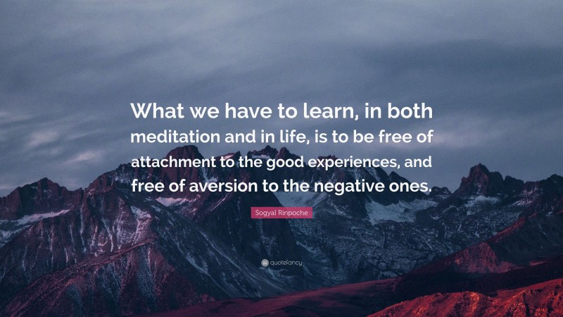 Sogyal Rinpoche Quote: “What we have to learn, in both meditation and in life, is to be free of attachment to the good experiences, and free of aversion to the negative ones.”