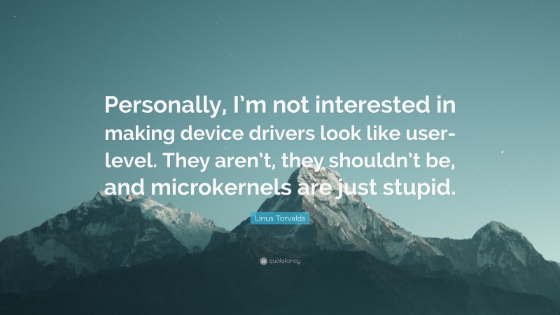 Linus Torvalds Quote: “Personally, I’m not interested in making device drivers look like user-level. They aren’t, they shouldn’t be, and microkernels are just stupid.”