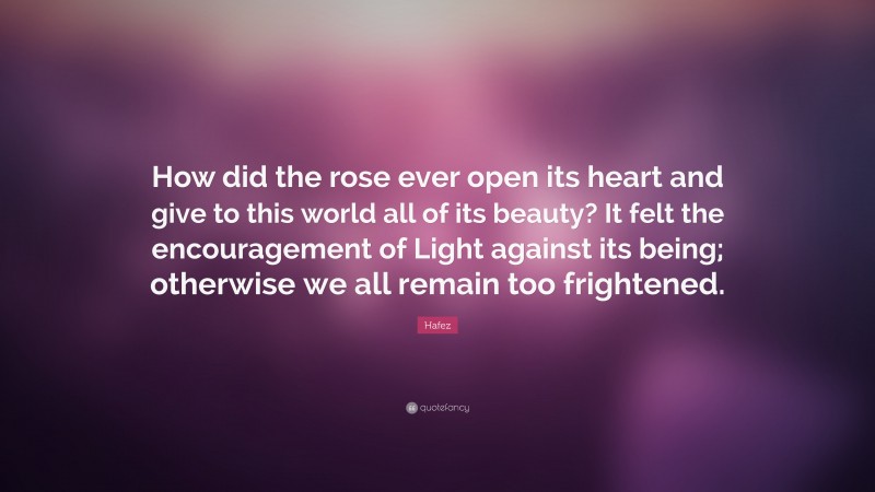 Hafez Quote: “How did the rose ever open its heart and give to this world all of its beauty? It felt the encouragement of Light against its being; otherwise we all remain too frightened.”