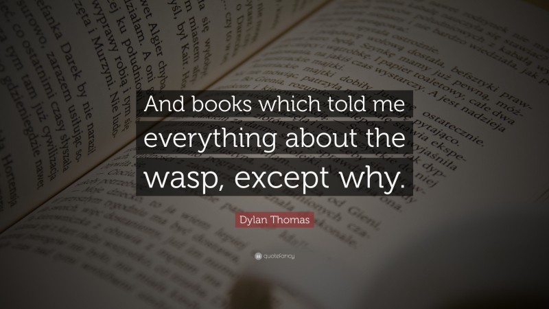 Dylan Thomas Quote: “And books which told me everything about the wasp, except why.”