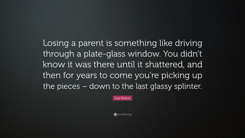 Saul Bellow Quote: “Losing a parent is something like driving through a plate-glass window. You didn’t know it was there until it shattered, and then for years to come you’re picking up the pieces – down to the last glassy splinter.”