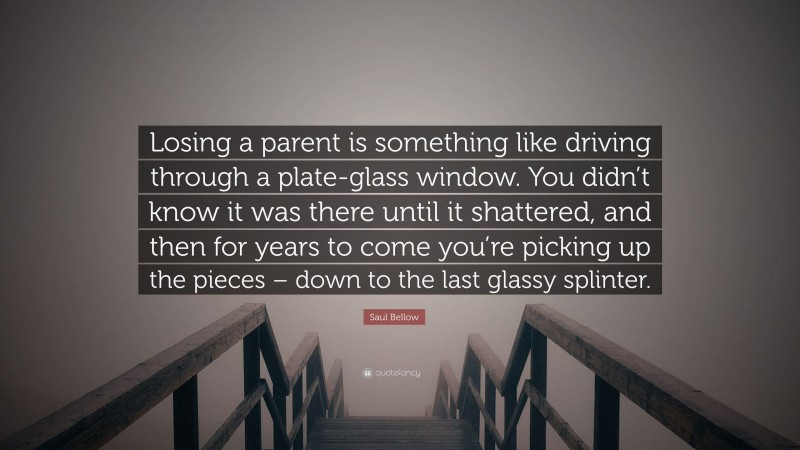Saul Bellow Quote: “Losing a parent is something like driving through a plate-glass window. You didn’t know it was there until it shattered, and then for years to come you’re picking up the pieces – down to the last glassy splinter.”