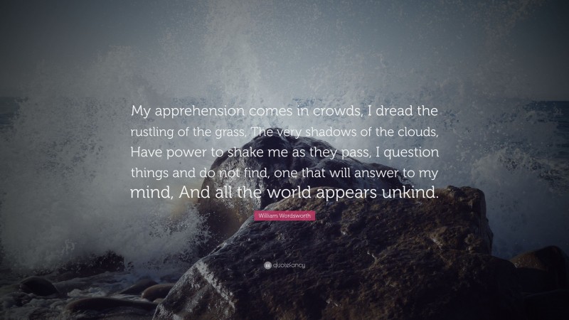 William Wordsworth Quote: “My apprehension comes in crowds, I dread the rustling of the grass, The very shadows of the clouds, Have power to shake me as they pass, I question things and do not find, one that will answer to my mind, And all the world appears unkind.”