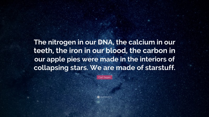 Carl Sagan Quote: “The nitrogen in our DNA, the calcium in our teeth, the iron in our blood, the carbon in our apple pies were made in the interiors of collapsing stars. We are made of starstuff.”