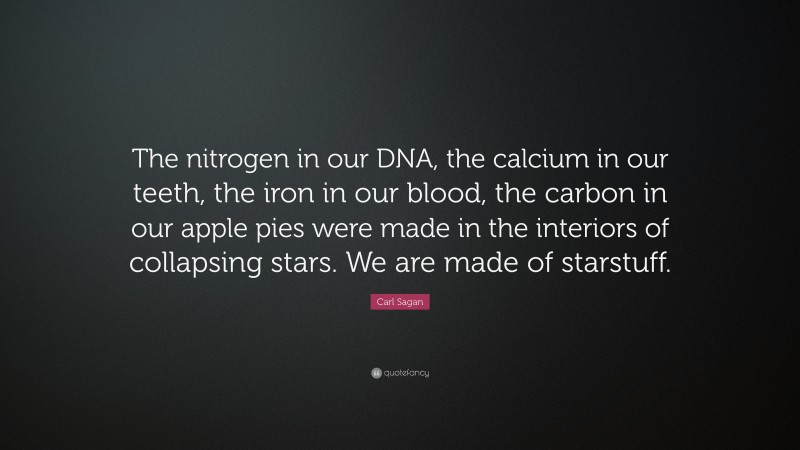 Carl Sagan Quote: “The nitrogen in our DNA, the calcium in our teeth, the iron in our blood, the carbon in our apple pies were made in the interiors of collapsing stars. We are made of starstuff.”