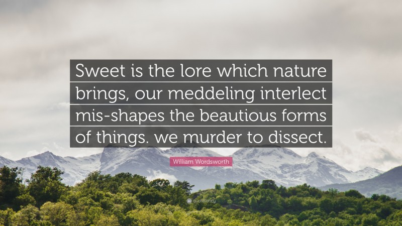 William Wordsworth Quote: “Sweet is the lore which nature brings, our meddeling interlect mis-shapes the beautious forms of things. we murder to dissect.”