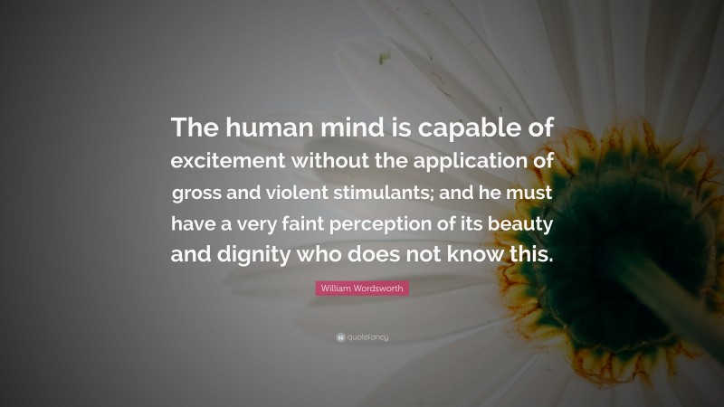 William Wordsworth Quote: “The human mind is capable of excitement without the application of gross and violent stimulants; and he must have a very faint perception of its beauty and dignity who does not know this.”
