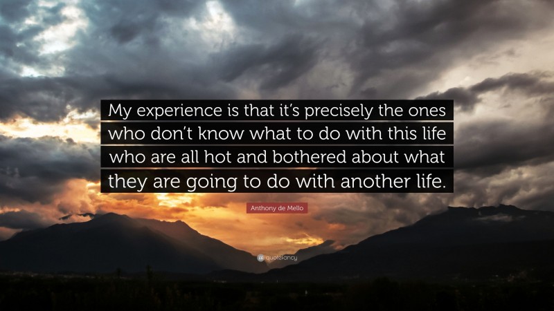 Anthony de Mello Quote: “My experience is that it’s precisely the ones who don’t know what to do with this life who are all hot and bothered about what they are going to do with another life.”