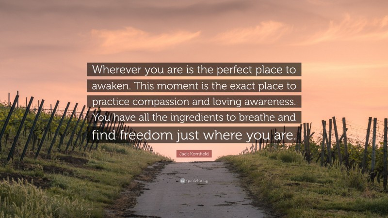 Jack Kornfield Quote: “Wherever you are is the perfect place to awaken. This moment is the exact place to practice compassion and loving awareness. You have all the ingredients to breathe and find freedom just where you are.”