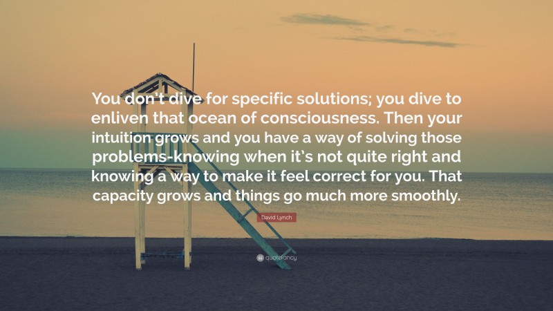 David Lynch Quote: “You don’t dive for specific solutions; you dive to enliven that ocean of consciousness. Then your intuition grows and you have a way of solving those problems-knowing when it’s not quite right and knowing a way to make it feel correct for you. That capacity grows and things go much more smoothly.”