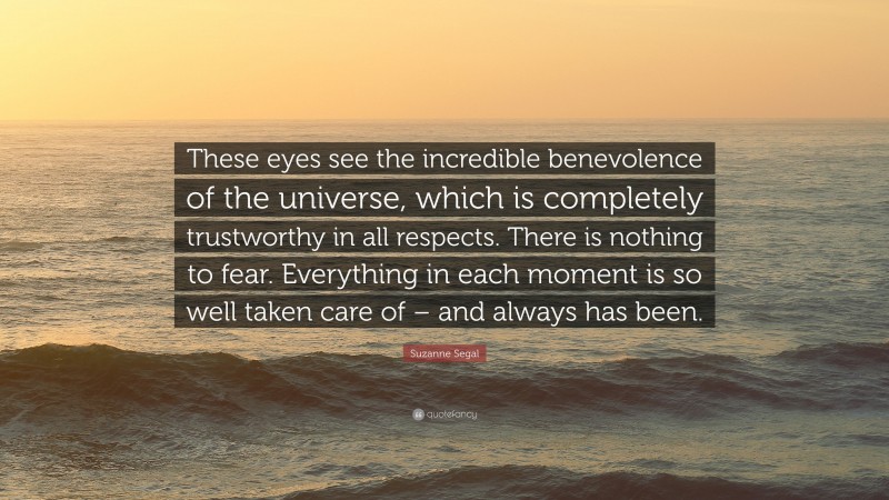 Suzanne Segal Quote: “These eyes see the incredible benevolence of the universe, which is completely trustworthy in all respects. There is nothing to fear. Everything in each moment is so well taken care of – and always has been.”