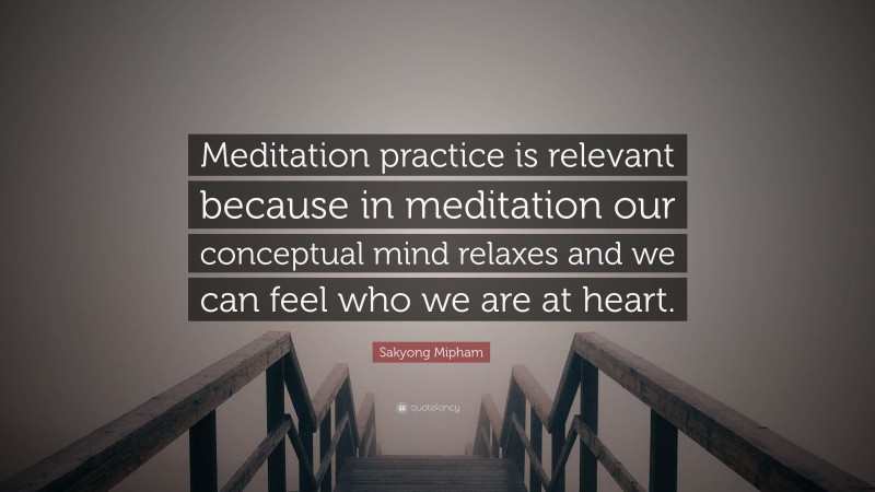 Sakyong Mipham Quote: “Meditation practice is relevant because in meditation our conceptual mind relaxes and we can feel who we are at heart.”
