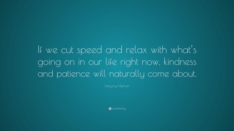 Sakyong Mipham Quote: “If we cut speed and relax with what’s going on in our life right now, kindness and patience will naturally come about.”