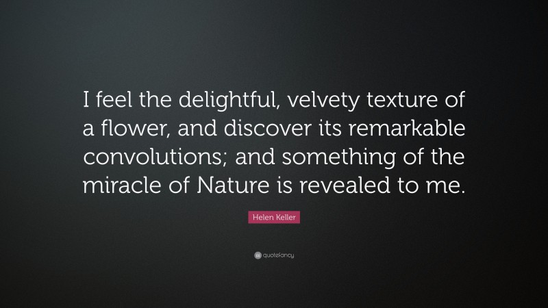 Helen Keller Quote: “I feel the delightful, velvety texture of a flower, and discover its remarkable convolutions; and something of the miracle of Nature is revealed to me.”
