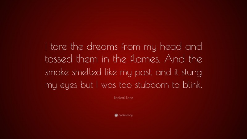 Radical Face Quote: “I tore the dreams from my head and tossed them in the flames. And the smoke smelled like my past, and it stung my eyes but I was too stubborn to blink.”