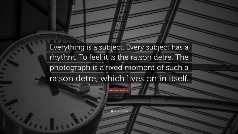 Andre Kertesz Quote: “Everything is a subject. Every subject has a rhythm. To feel it is the raison detre. The photograph is a fixed moment of such a raison detre, which lives on in itself.”