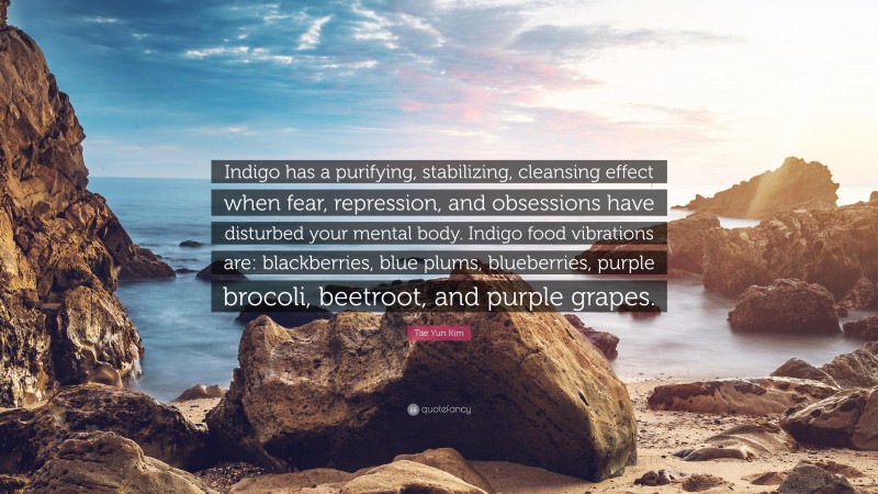 Tae Yun Kim Quote: “Indigo has a purifying, stabilizing, cleansing effect when fear, repression, and obsessions have disturbed your mental body. Indigo food vibrations are: blackberries, blue plums, blueberries, purple brocoli, beetroot, and purple grapes.”