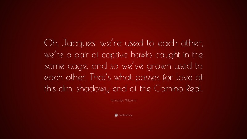 Tennessee Williams Quote: “Oh, Jacques, we’re used to each other, we’re a pair of captive hawks caught in the same cage, and so we’ve grown used to each other. That’s what passes for love at this dim, shadowy end of the Camino Real.”