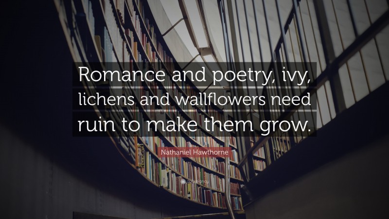 Nathaniel Hawthorne Quote: “Romance and poetry, ivy, lichens and wallflowers need ruin to make them grow.”