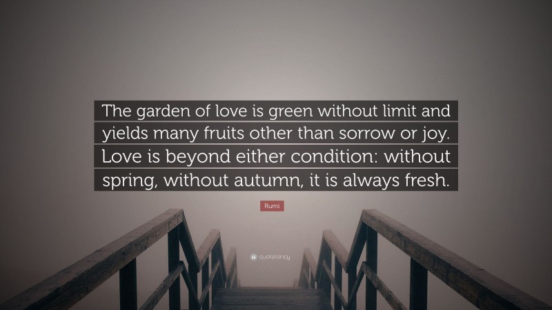 Rumi Quote: “The garden of love is green without limit and yields many fruits other than sorrow or joy. Love is beyond either condition: without spring, without autumn, it is always fresh.”