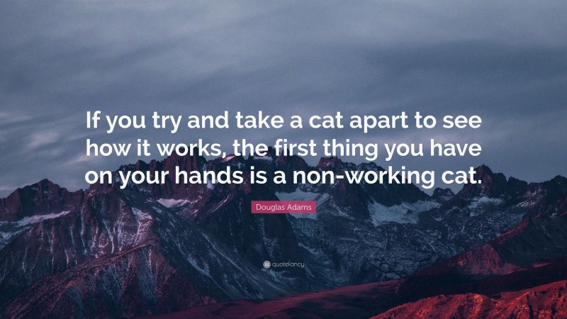 Douglas Adams Quote: “If you try and take a cat apart to see how it works, the first thing you have on your hands is a non-working cat.”