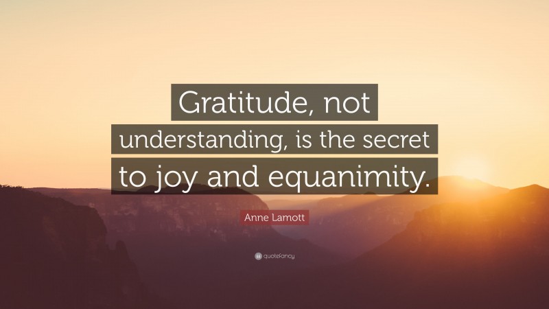 Anne Lamott Quote: “Gratitude, not understanding, is the secret to joy and equanimity.”