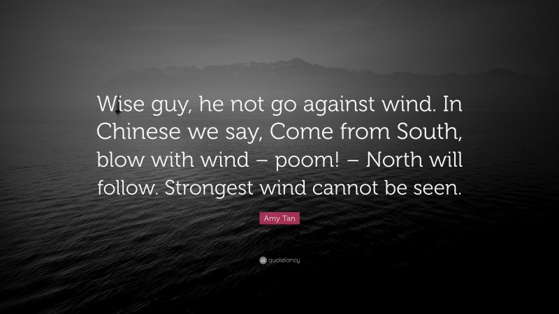 Amy Tan Quote: “Wise guy, he not go against wind. In Chinese we say, Come from South, blow with wind – poom! – North will follow. Strongest wind cannot be seen.”