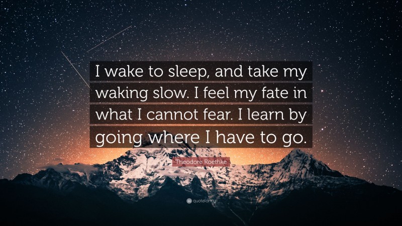 Theodore Roethke Quote: “I wake to sleep, and take my waking slow. I feel my fate in what I cannot fear. I learn by going where I have to go.”
