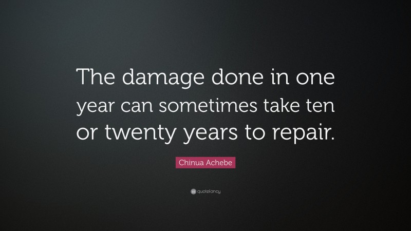 Chinua Achebe Quote: “The damage done in one year can sometimes take ten or twenty years to repair.”