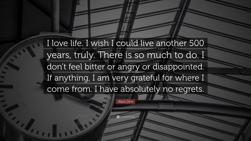 Waris Dirie Quote: “I love life. I wish I could live another 500 years, truly. There is so much to do. I don’t feel bitter or angry or disappointed. If anything, I am very grateful for where I come from. I have absolutely no regrets.”