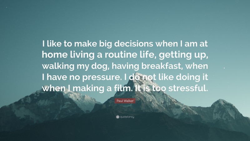 Paul Walker Quote: “I like to make big decisions when I am at home living a routine life, getting up, walking my dog, having breakfast, when I have no pressure. I do not like doing it when I making a film. It is too stressful.”