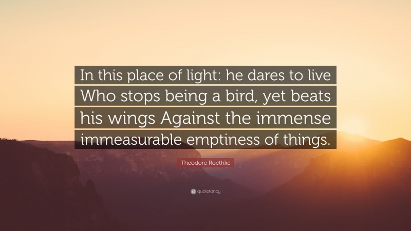 Theodore Roethke Quote: “In this place of light: he dares to live Who stops being a bird, yet beats his wings Against the immense immeasurable emptiness of things.”
