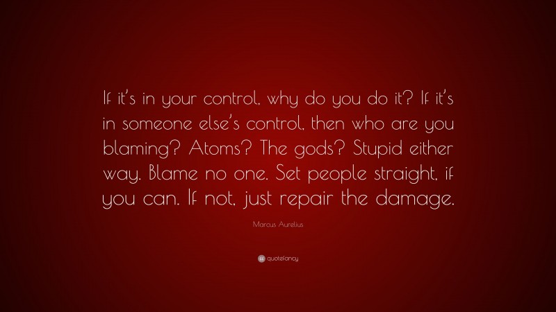 Marcus Aurelius Quote: “If it’s in your control, why do you do it? If it’s in someone else’s control, then who are you blaming? Atoms? The gods? Stupid either way. Blame no one. Set people straight, if you can. If not, just repair the damage.”