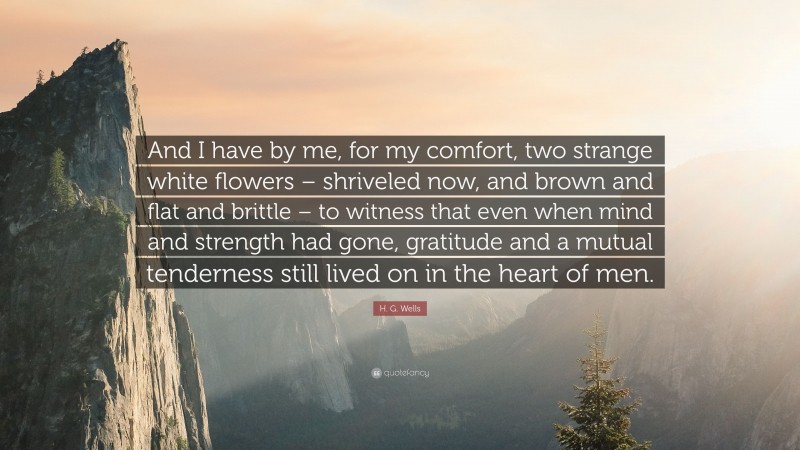 H. G. Wells Quote: “And I have by me, for my comfort, two strange white flowers – shriveled now, and brown and flat and brittle – to witness that even when mind and strength had gone, gratitude and a mutual tenderness still lived on in the heart of men.”