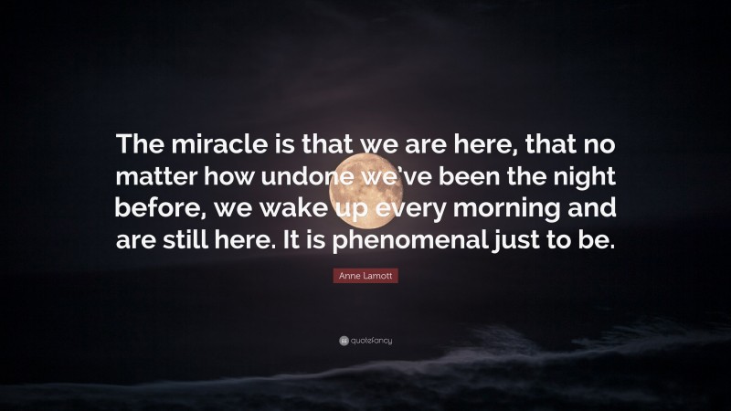 Anne Lamott Quote: “The miracle is that we are here, that no matter how undone we’ve been the night before, we wake up every morning and are still here. It is phenomenal just to be.”