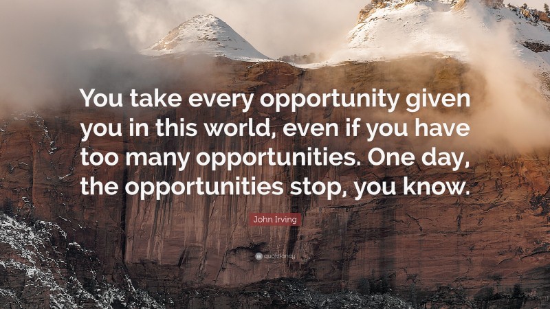 John Irving Quote: “You take every opportunity given you in this world, even if you have too many opportunities. One day, the opportunities stop, you know.”