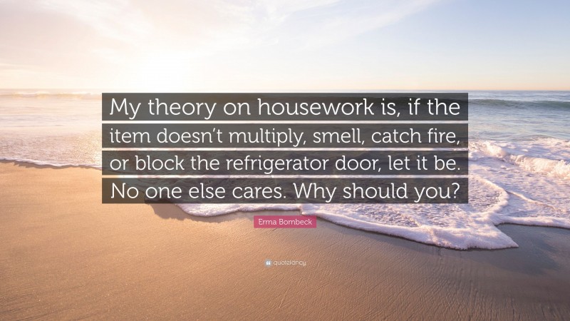 Erma Bombeck Quote: “My theory on housework is, if the item doesn’t multiply, smell, catch fire, or block the refrigerator door, let it be. No one else cares. Why should you?”