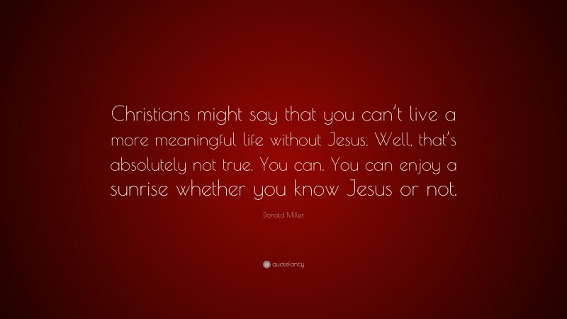 Donald Miller Quote: “Christians might say that you can’t live a more meaningful life without Jesus. Well, that’s absolutely not true. You can. You can enjoy a sunrise whether you know Jesus or not.”